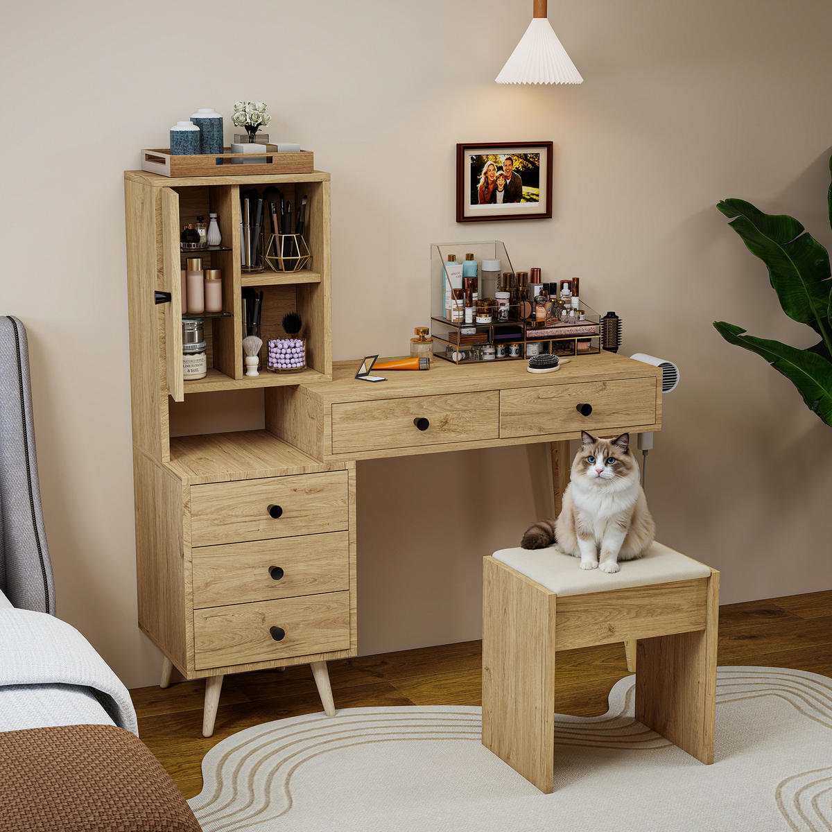 SCHMINKTISCH Set mit Spiegel und Hocker, Frisiertisch ausziehbar, Kosmetiktisch skandinavisch, 84x40x120 cm - Eichefarben/Beige, Glas/Holzwerkstoff (84/120/40cm) - LVHOM