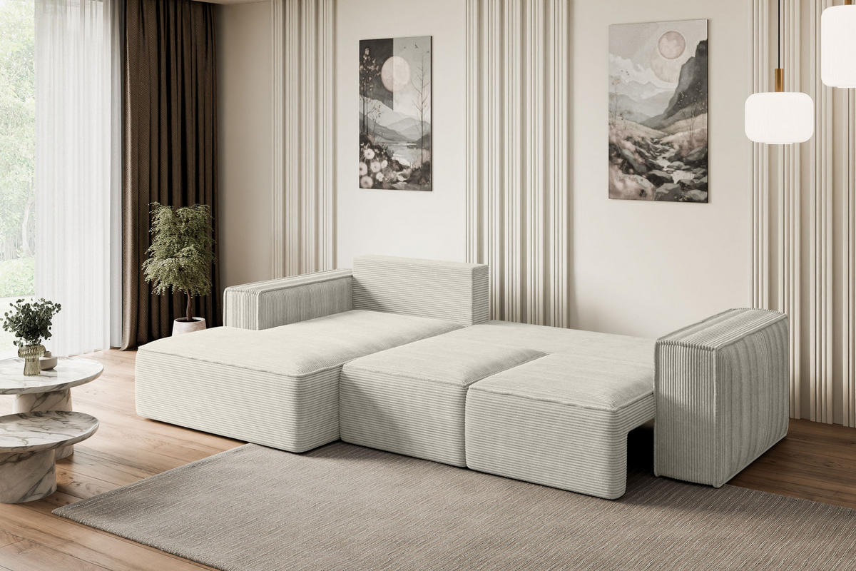 ECKSOFA mit Schlaffunktion und Bettkasten SERRA-L-S - 266x161x87 cm Hellgrau Cord - Hellgrau/Schwarz, Holzwerkstoff/Kunststoff (266/161cm) - ALTDECOR