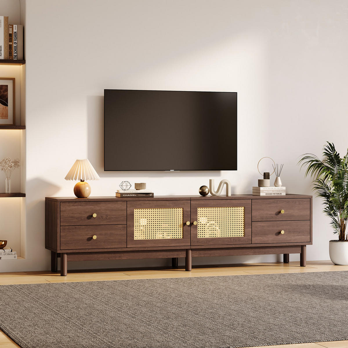 TV-SCHRANK 180cm dunkle Holzoptik Rattantüren 4 Schubladen bis 80 Zoll - Braun, Holz (44.45/15.24/104.14cm) - FLIEKS