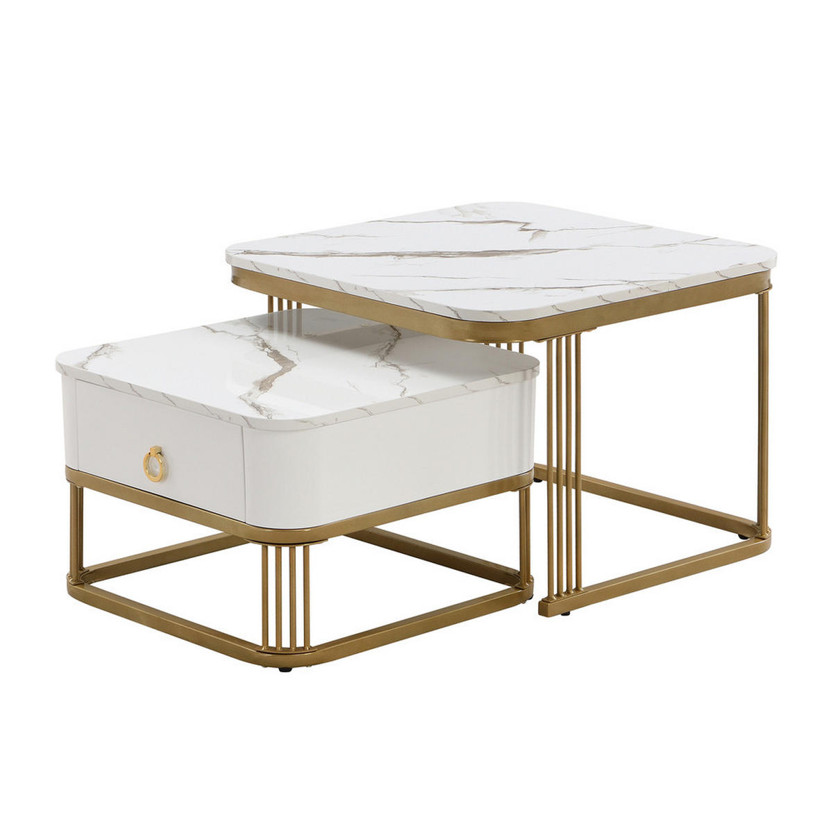 COUCHTISCH Stapelbar 2-tlg Hochglanz Marmoroptik Gold Akzente Schublade - Weiß, Holz (72/68/26.5cm) - FLIEKS
