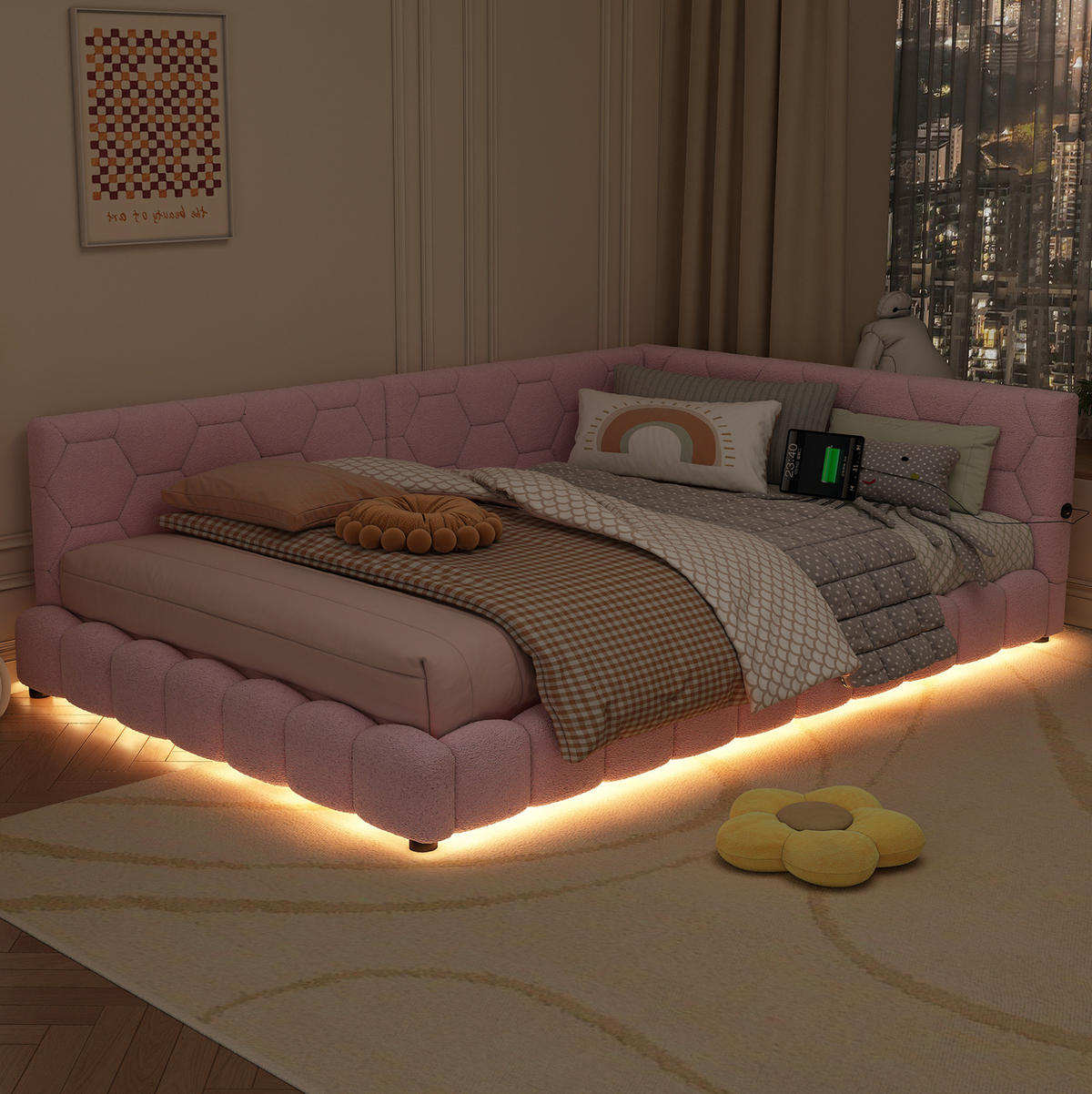 TAGESBETT 140/200 cm mit LED-Umgebungslicht, USB- und Typ-C-Anschluss, Vliesimitat, Rosa - Rosa, Textil (140/200cm) - Redom