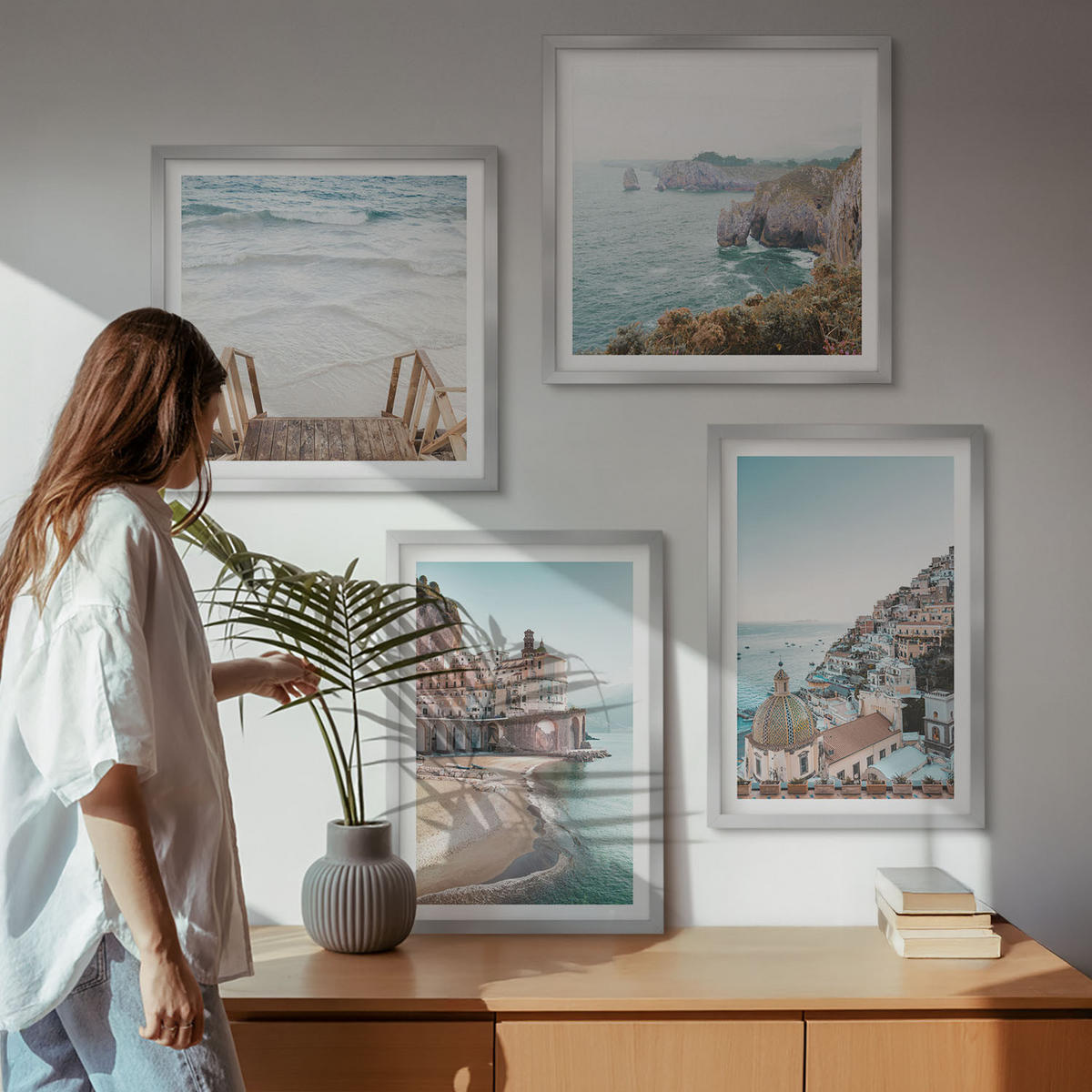 WANDBILDER 4er Set - 50x50 cm & 40x60 cm Silberner Rahmen - Sommerliche Strandansichten in Pastellfarben - Silberfarben, Kunststoff (50/50cm) - ArtPrintCave