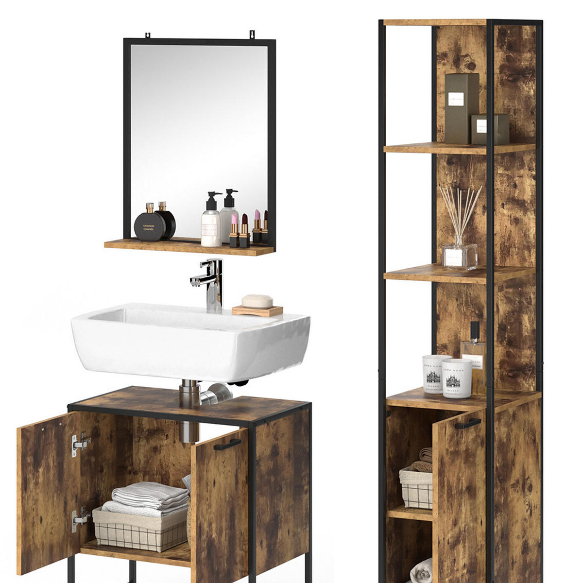 BADMÖBEL-SET Fyrk Antikholz 3 Teile, mit Hochschrank - Eichefarben/Schwarz, Holzwerkstoff (60/60/33cm) - Vicco