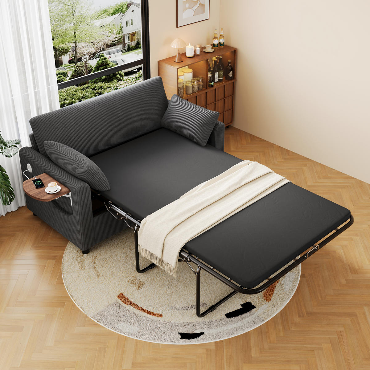 SCHLAFSOFA 134x82x84 cm aus cord mit klappbarem Beistelltisch und USB Anschlüssen, grau - Grau, Textil (82/84/134cm) - Luhomfu
