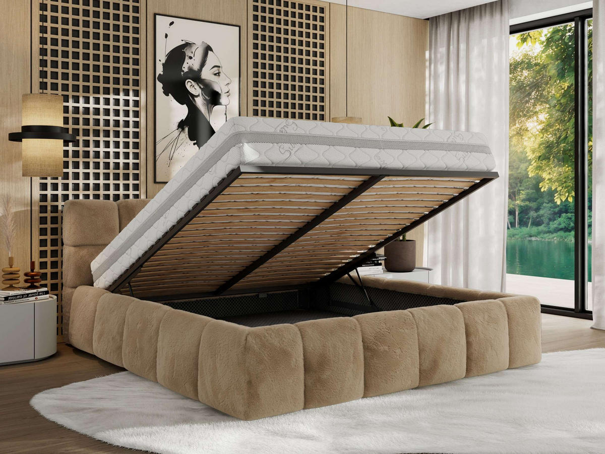 POLSTERBETT NIRA CLASSIC 160/200 - Beige Plüsch - Schaum-Matratze - Beige, Textil (160/200cm) - MKS