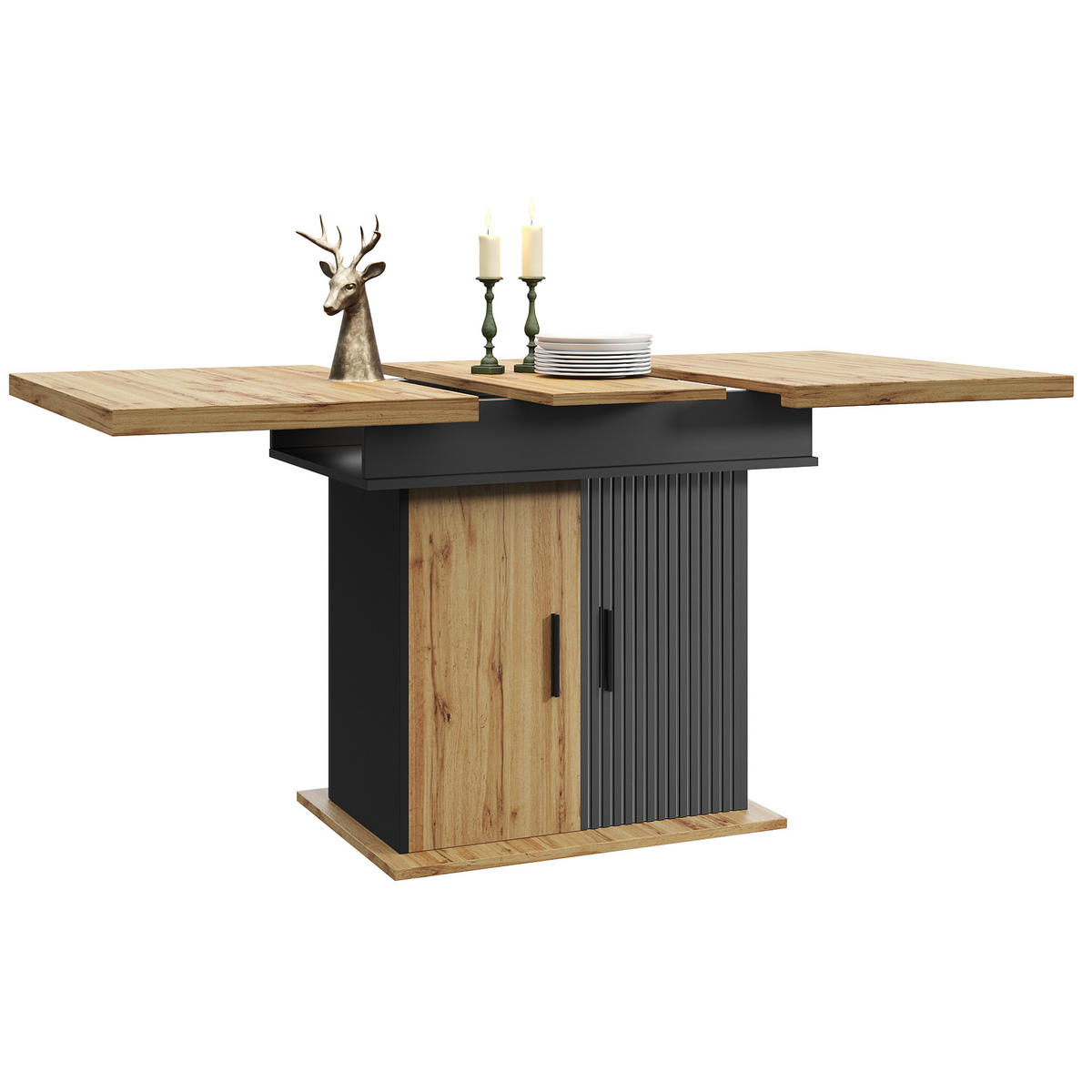 JÍDELNÍ stůl 110-140/80/75 cm černá/přírodní z MDF s výsuvnou deskou a úložným prostorem - černá, kompozitní dřevo (110/80/75cm) - OKWISH
