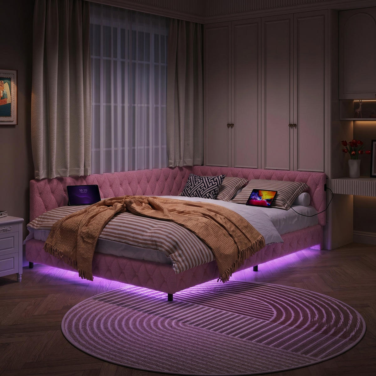 POLSTERBETT 140/200 cm rosa mit LED und USB - Rosa, Holz