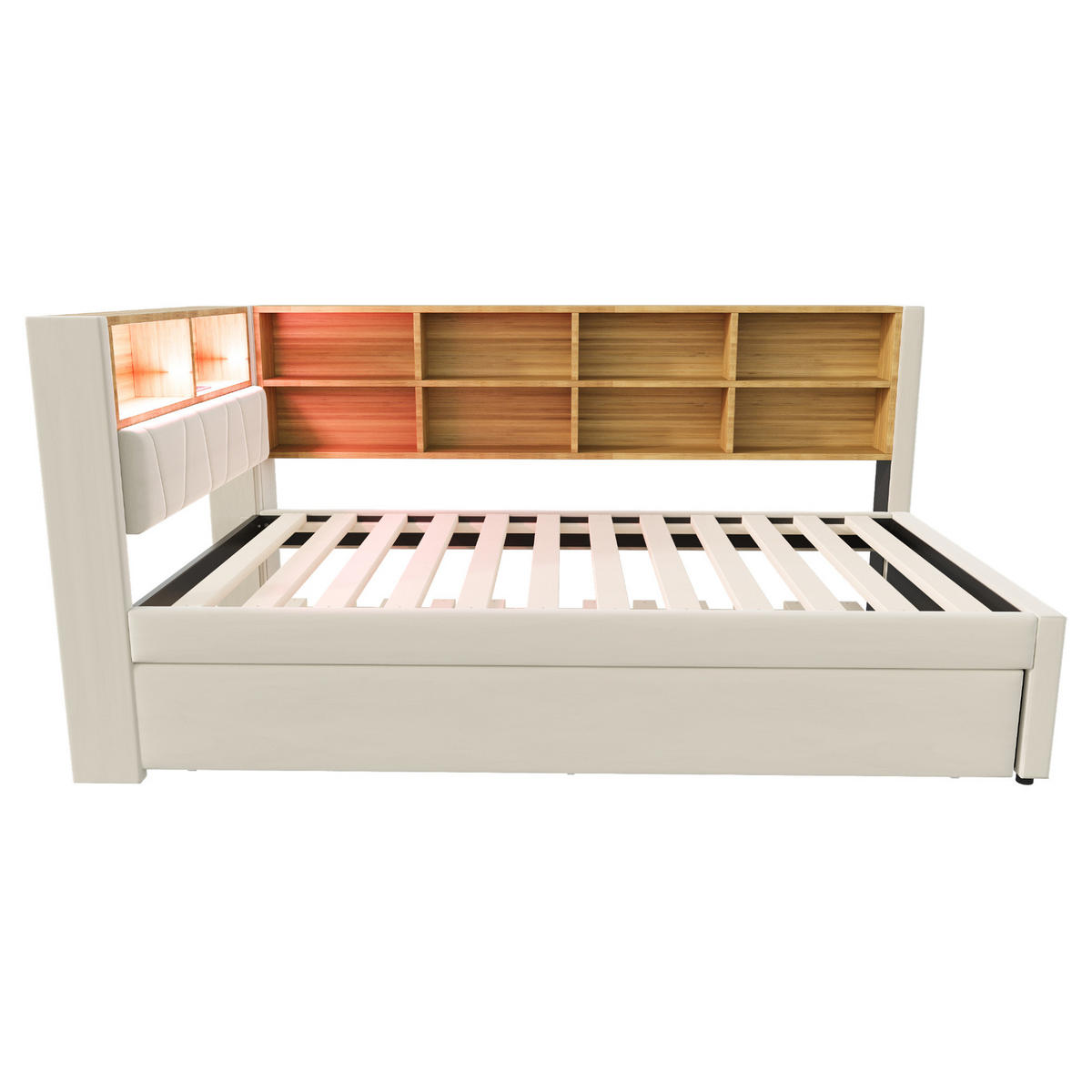 BETT 90/200 cm mit Ausziehbett 90/190 cm Flanell Beige mit LED-Beleuchtung und Multifunktionsanschlüssen - Beige, Textil (90/200cm) - OKWISH