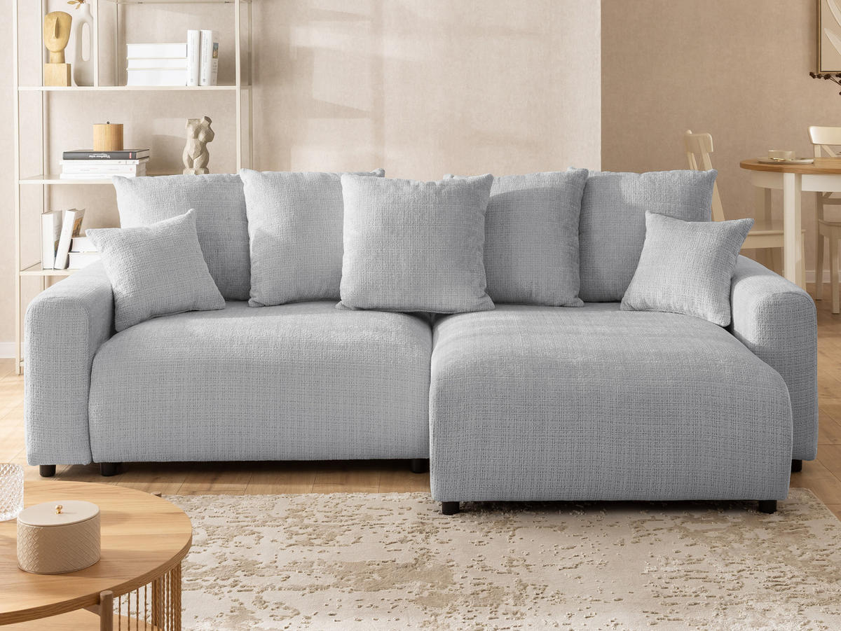 ECKSOFA Calma mit Schlaffunktion und Bettkasten im Bumpy-Design aus weichem Hellgrau Chenille-Stoff - Ottomane rechts - Beige/Hellgrau, Holz/Kunststoff (239/140cm) - S-Style Möbel