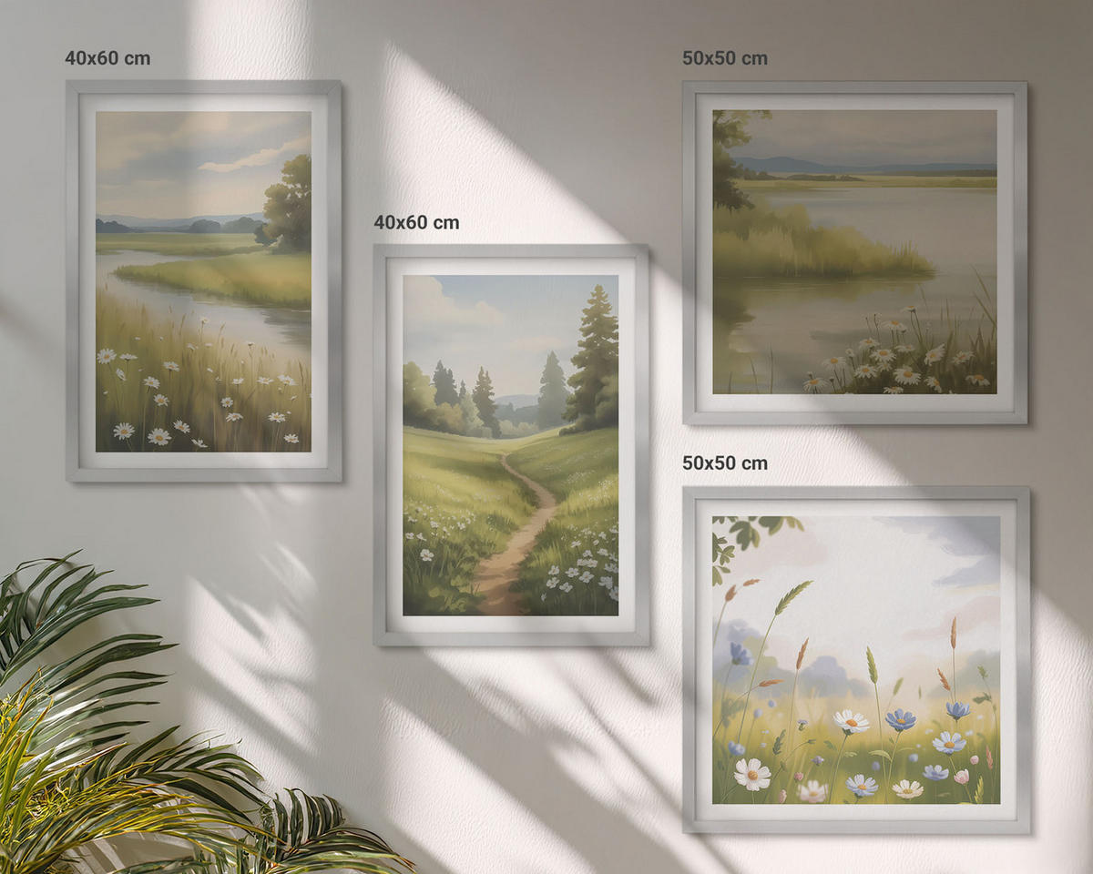 BILDER SET 4er Set - 50x50 cm & 40x60 cm Silberner Rahmen - Frühlingslandschaft Flusswiese - Silberfarben, Kunststoff (50/50cm) - TULUP