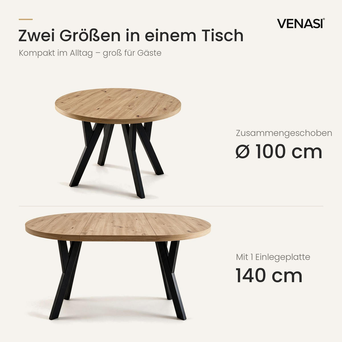 ESSTISCH ausziehbar rund 100-140 cm ATO Aristan, Auszugstisch mit Einlegeplatte - Dunkelbraun/Schwarz, Holzwerkstoff (100/100/77cm) - VENASI MÖBEL