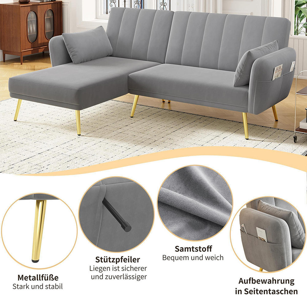 KLAPP-DOPPELSOFA mit Zusatzecke in Grau - Grau, Textil (130/80/191.5cm) - KOMHTOM