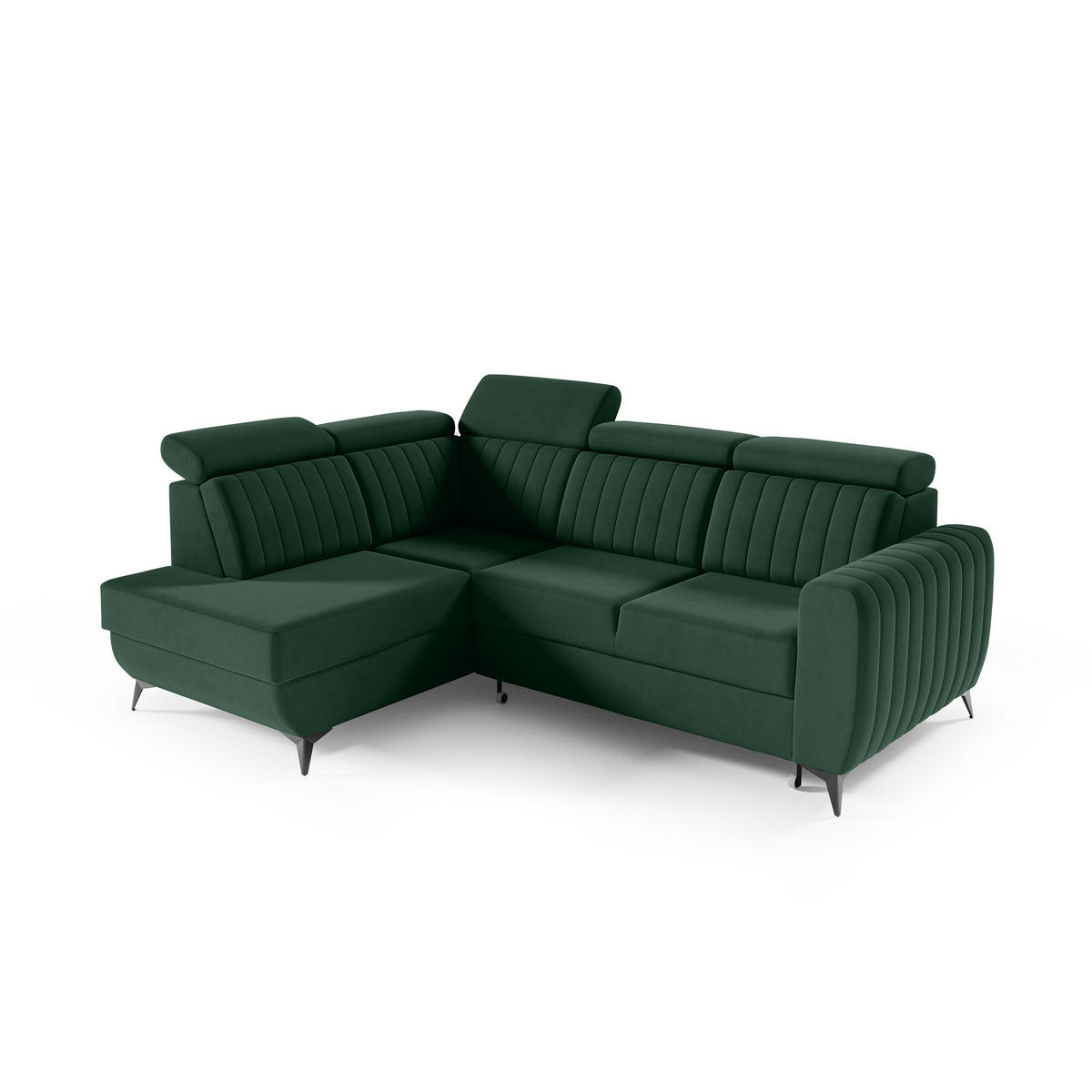 ECKSCHLAFSOFA Connor II verstellbare Kopfstützen, Dunkelgrün, links - Dunkelgrün/Schwarz, Textil (268/204cm) - Beautysofa