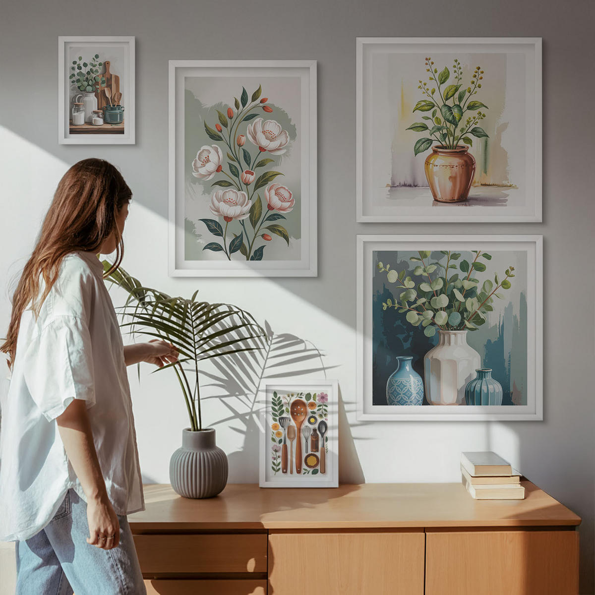 WANDBILDER 5er-Set - 50x50 cm & 20x30 cm & 40x60 cm Weißer Rahmen - Blumen und Früchte in Vasen - Weiß, Kunststoff (40/60cm) - ArtPrintCave