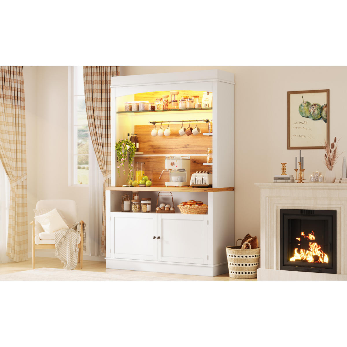 KÜCHENSCHRANK 107x34x184 cm, LED-Beleuchtung, 6 Haken, Glasboden, Weiß - Weiß, Holzwerkstoff (107/184/34cm) - FOHERE