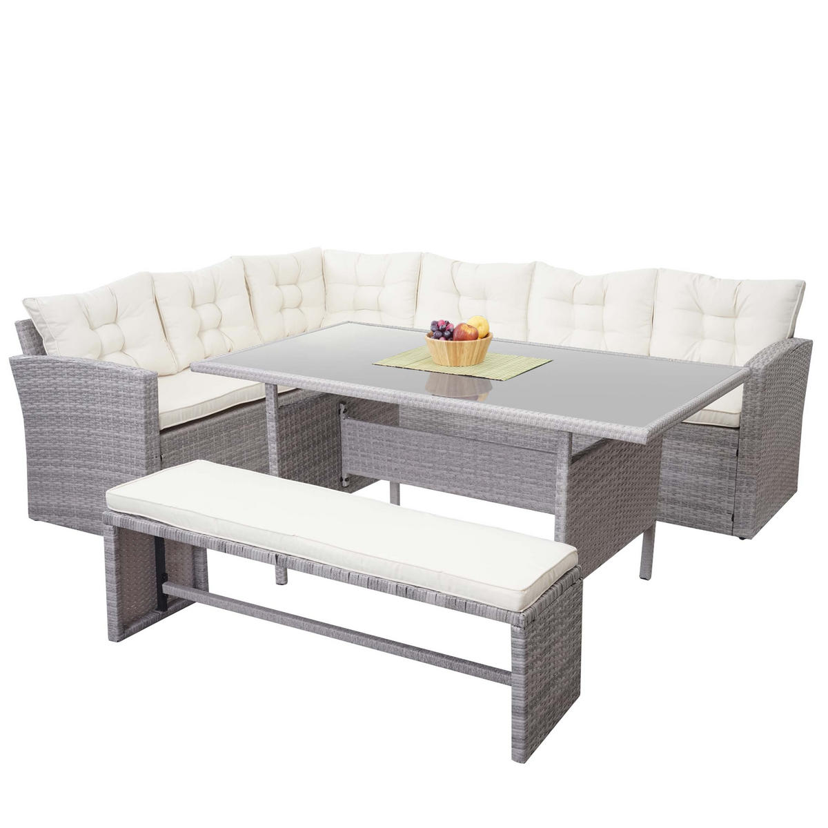 POLY-RATTAN-GARNITUR Hellgrau - Hellgrau, Kunststoff - MCW