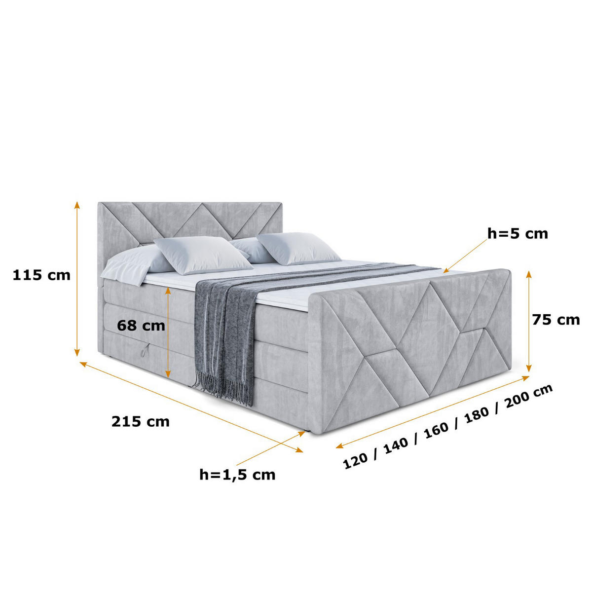 BOXSPRINGBETT BARWA-Z KING - 120x200 - H3/H4 - Hellgrau - Hellgrau, Holzwerkstoff (120/200cm) - ALTDECOR