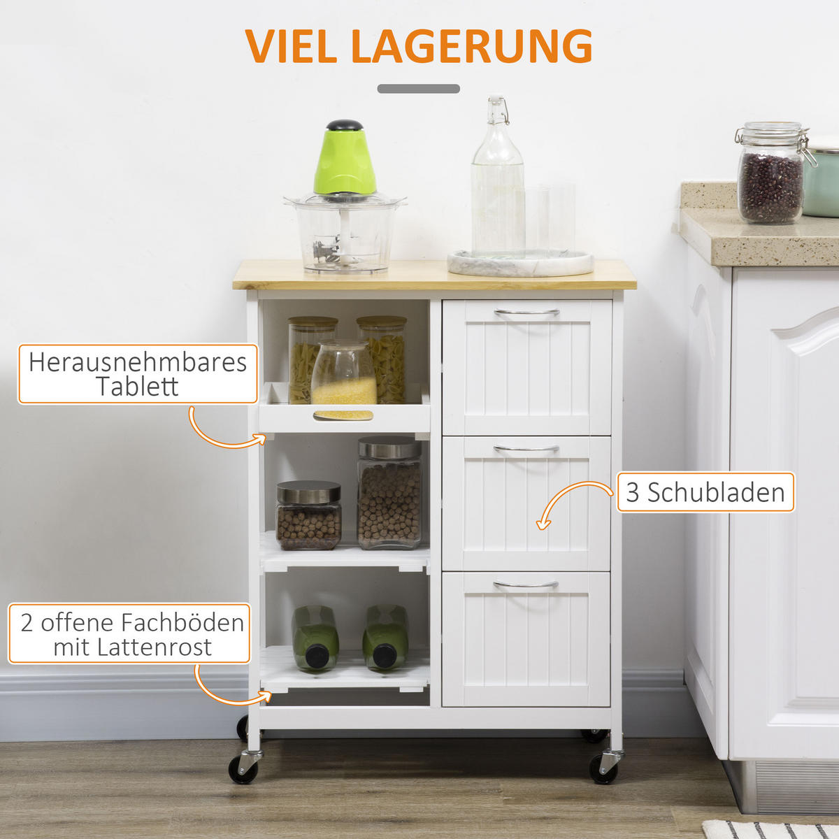 KUECHENWAGEN mit Stauraum 67 x 37 x 84 cm Weiß - Weiß, Holz (37/84/67cm) - Beauniv