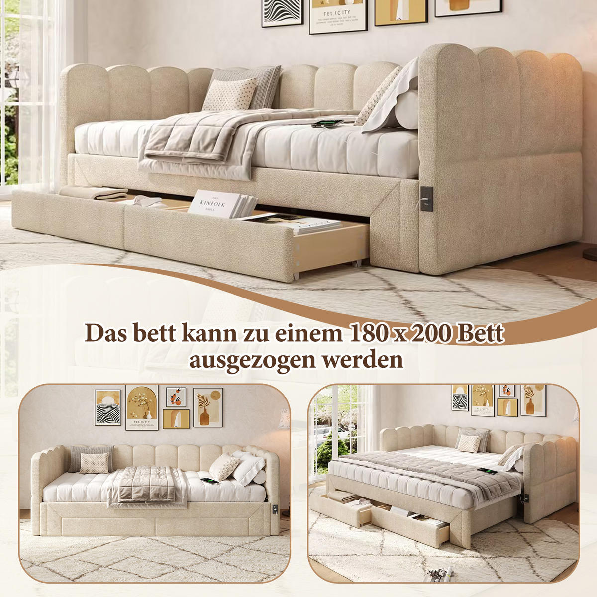 POLSTERBETT 90/200 cm beige aus Chenille mit Ausziehfunktion und USB-Anschluss - Beige, Textil (90/200cm) - OKWISH