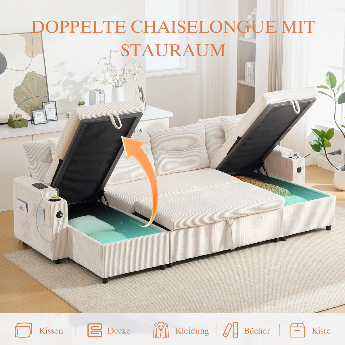 SCHLAFSOFA 4-Sitzer mit Chaiselongues, USB und Stauraum, Beige - Beige, Textil (272/86/136cm)