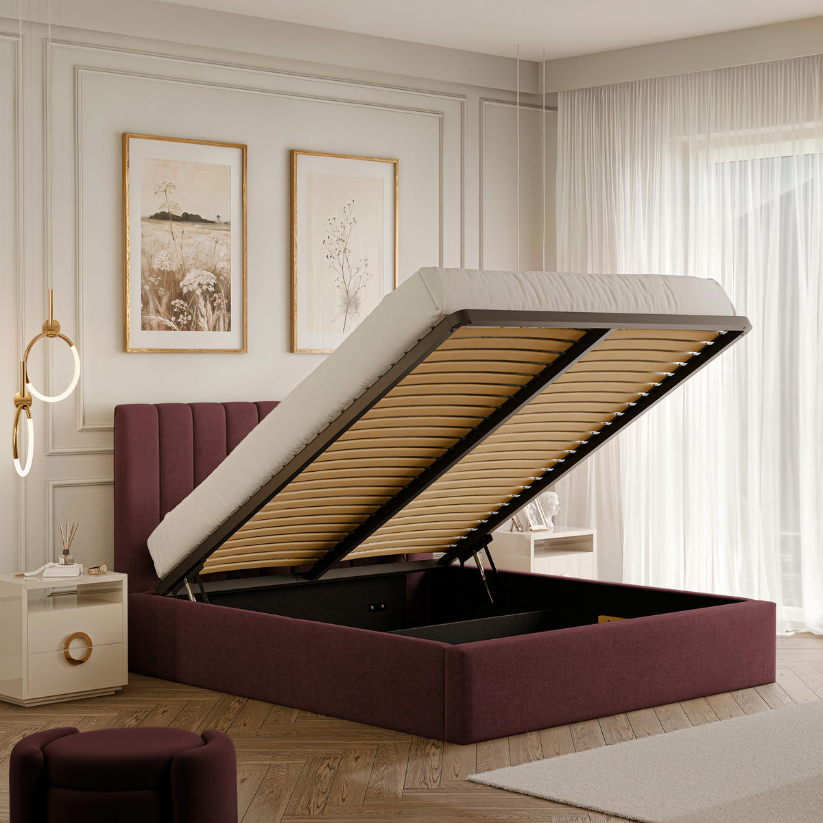 POLSTERBETT NOE 160/200 cm Bettkasten, Bordeaux - Bordeaux, Holzwerkstoff/Textil (160/200cm) - Idohome