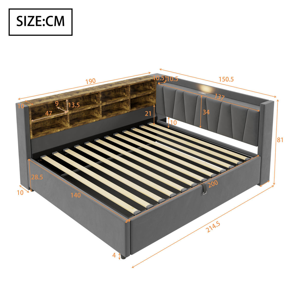 SCHLAFSOFA 140/200 cm in Dunkelgrau Samt mit Bettkasten, LED, USB, Type-C und Ablagen - Dunkelgrau, Holzwerkstoff/Textil (140/200cm) - WISHDOR