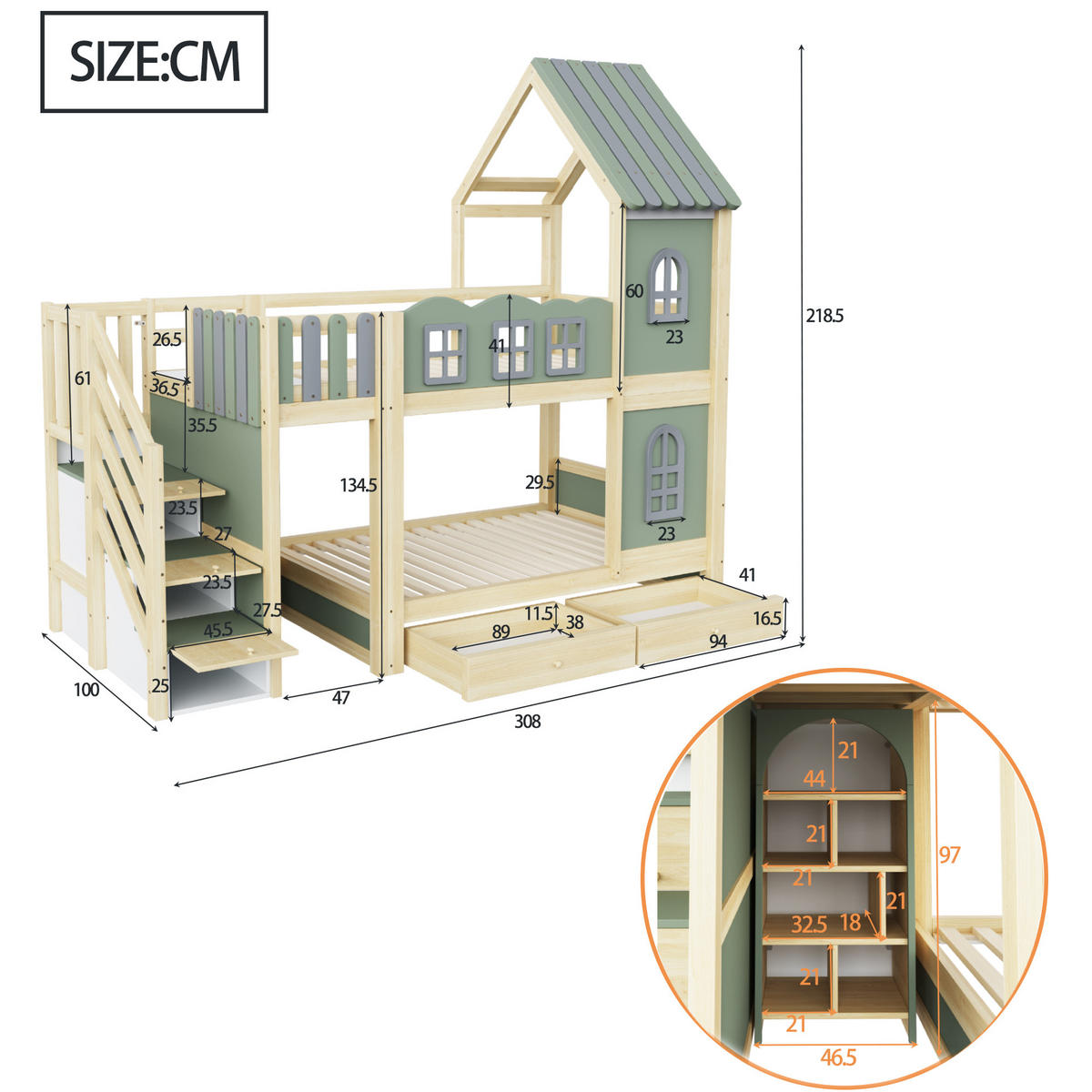 ETAGENBETT 90/200 cm in Grün/Grau/Naturholz mit Stauraumleiter, Schubladen und Regalen - Grün, Holz/Holzwerkstoff (90/200cm) - WISHDOR
