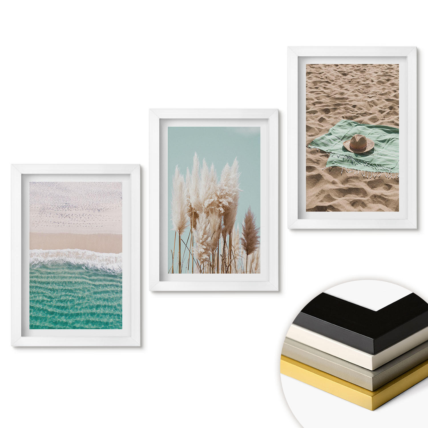 WANDBILDER 3er-Set - 20x30 cm Weißer Rahmen - Strandwellen Grashut - Weiß, Kunststoff (20/30cm) - ArtPrintCave