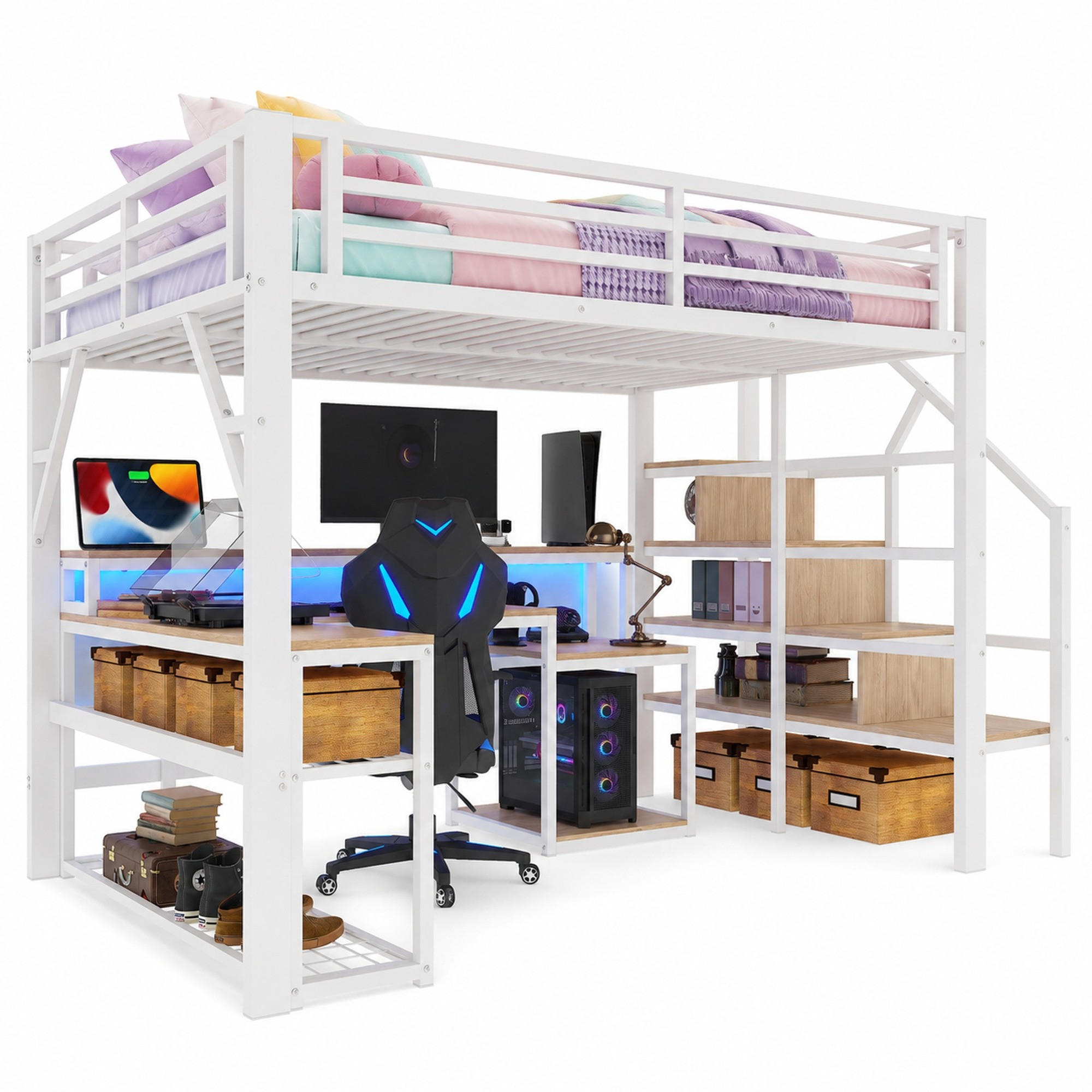 HOCHBETT 140/200 mit LED, Schreibtisch, USB-Anschluss und Stauraumtreppe in Weiß - Weiß, Holzwerkstoff/Metall (140/200cm) - EVRYAE