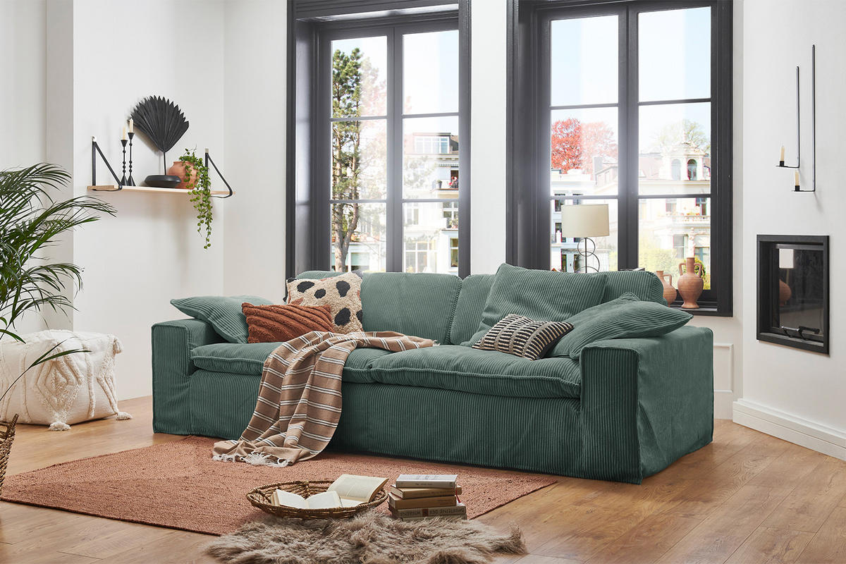 SOFA XL NETTA Petrol Cord - Petrol/Braun, Birkenholz/Textil (258/90/116cm) - KAWOLA