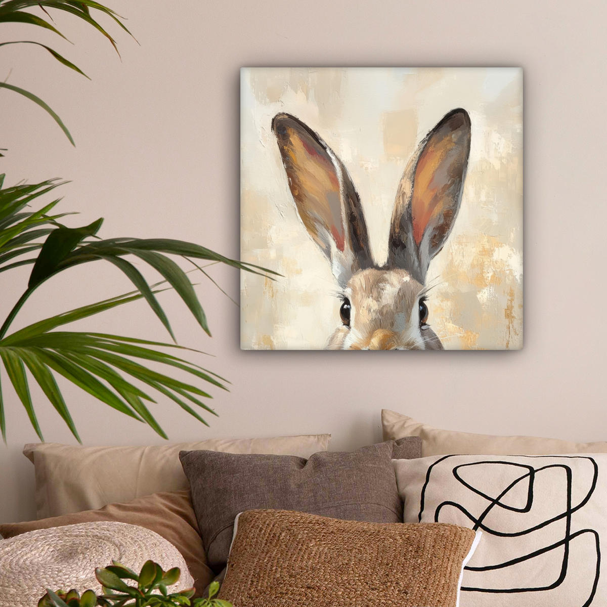 LEINWANDBILD Hase - Ohren - Braun Wandbild Wohnzimmer 50x50 cm - Beige, Textil (50/50cm) - MuchoWow