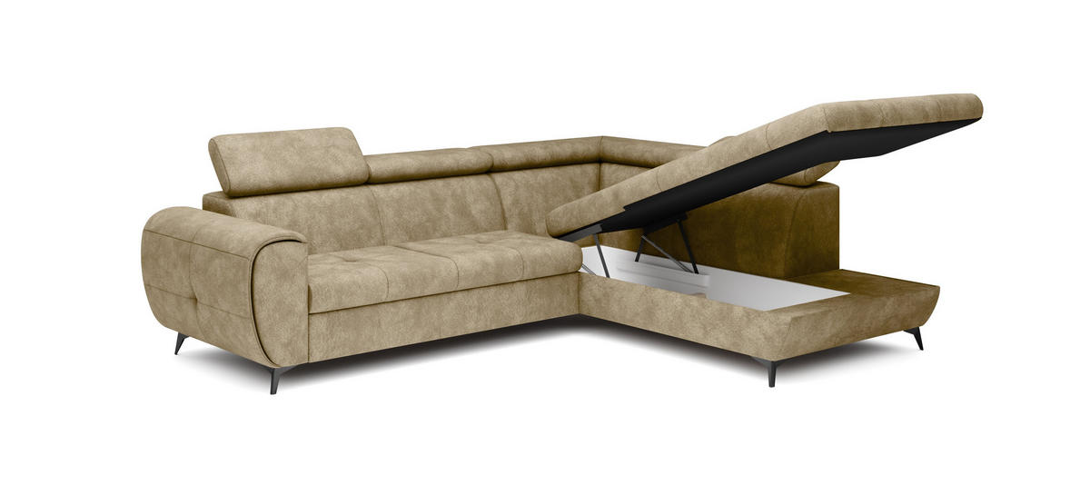 ECKSOFA MAGIA R-S Beige Plüsch-Stoff mit Schlaffunktion - Beige, Holz (260/217cm) - MASSENO