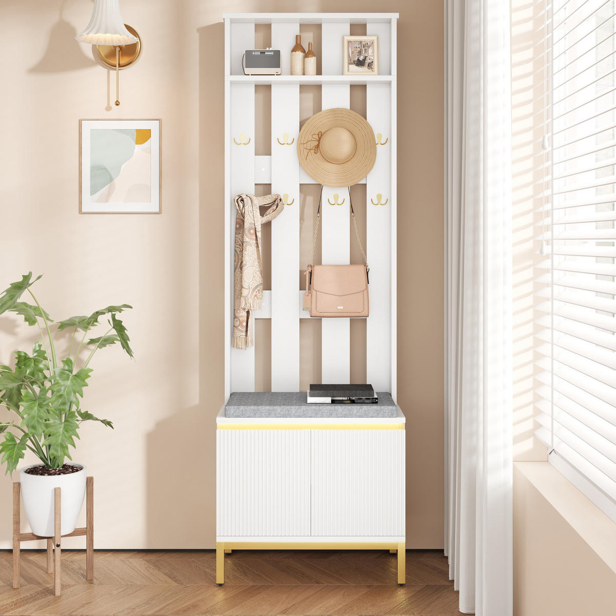 GARDEROBENBANK Weiß mit Schuhschrank und LED - Weiß, Holzwerkstoff (60/191.5/35.5cm) - FLIEKS