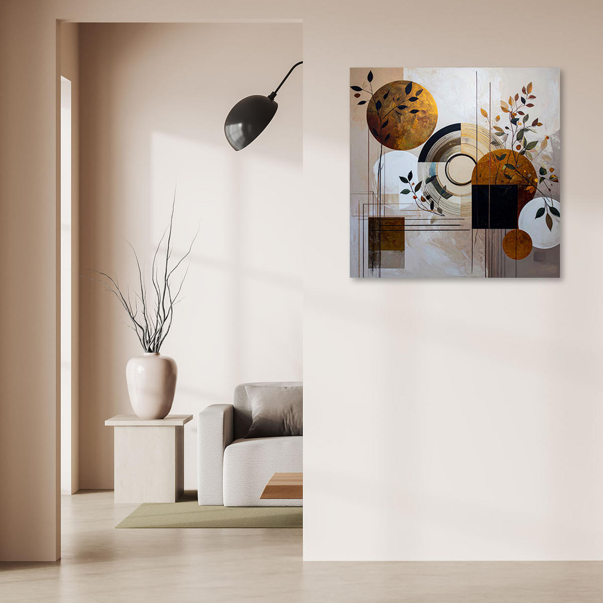 LEINWANDBILD, Moderne Abstrakt Kreise und Blätter in Beige - Grau, Textil (30/30cm) - Feeby