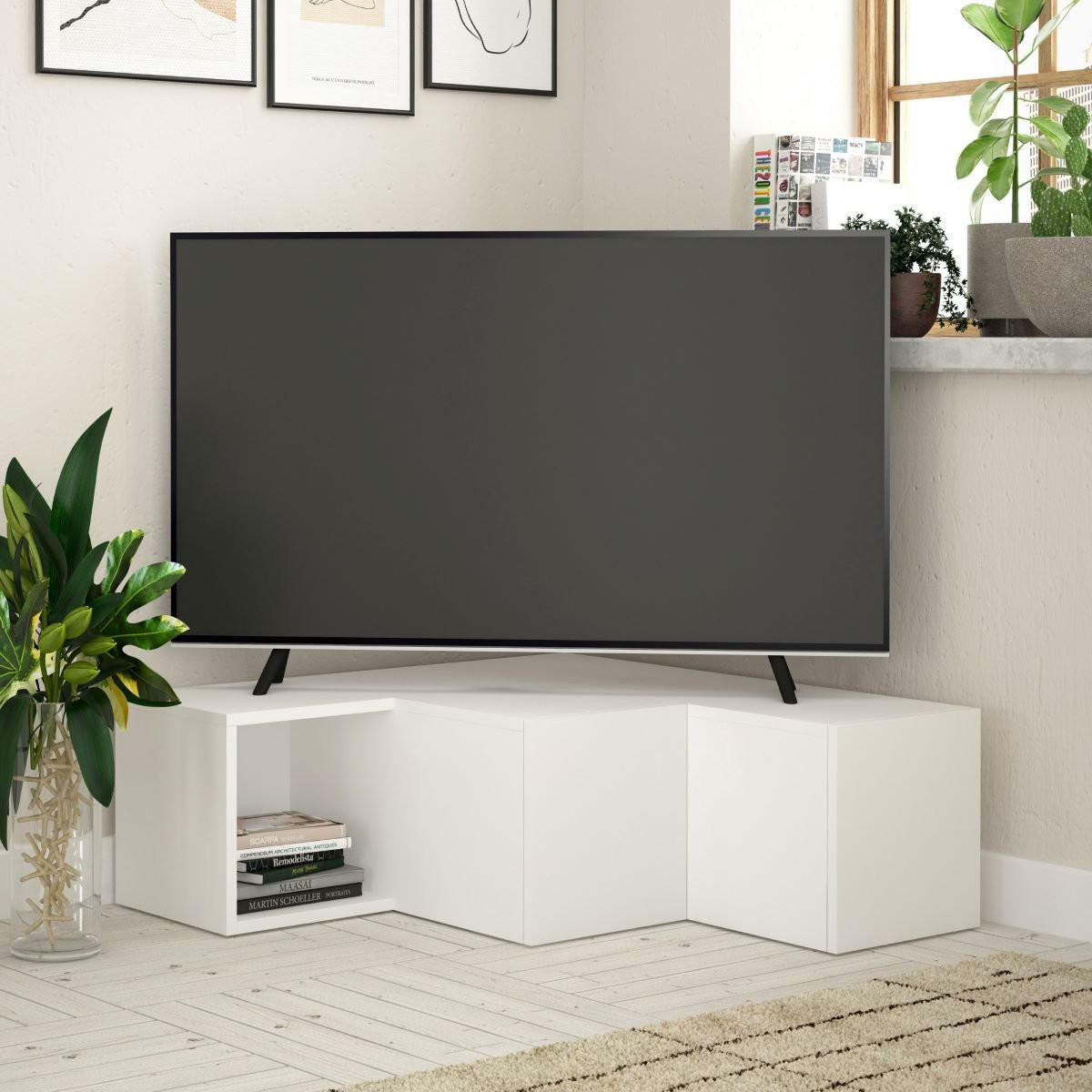 ECK-TV-MÖBEL mit 2 Schubladen und 1 Nische L90 cm - Compact - Weiß, Holzwerkstoff (92/32/90cm) - Calicosy