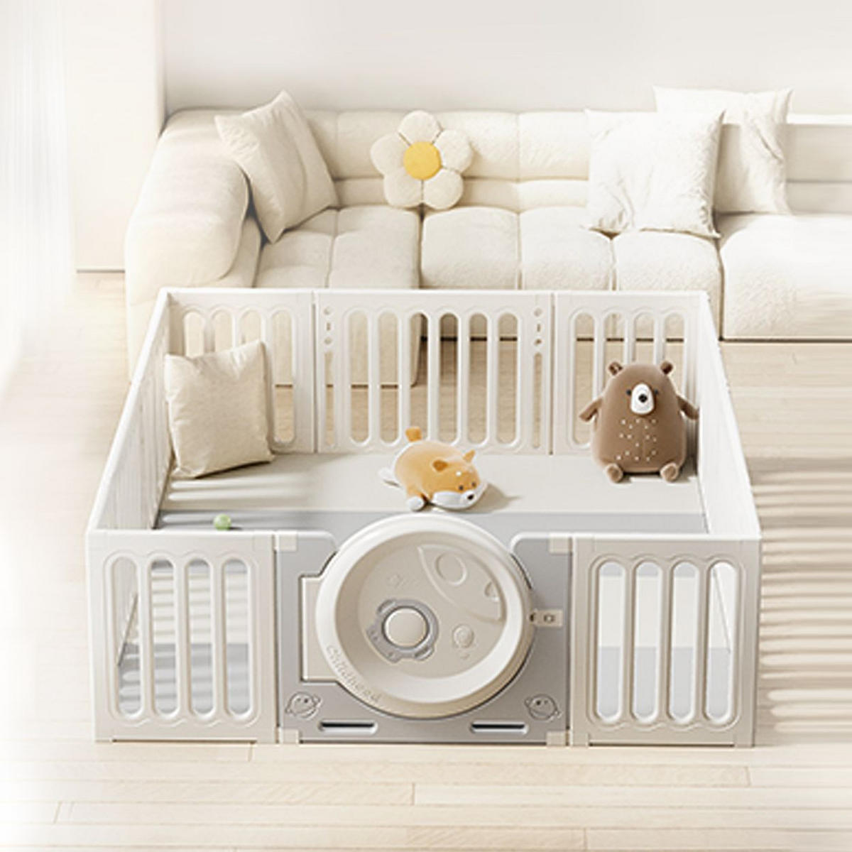 LAUFSTALL Cubby Land beige 180 x 114 cm, Laufgitter, Spielmatte, 50 Bälle, Tür, einfache Montage - Beige, Kunststoff (114/63/180cm) - Moni
