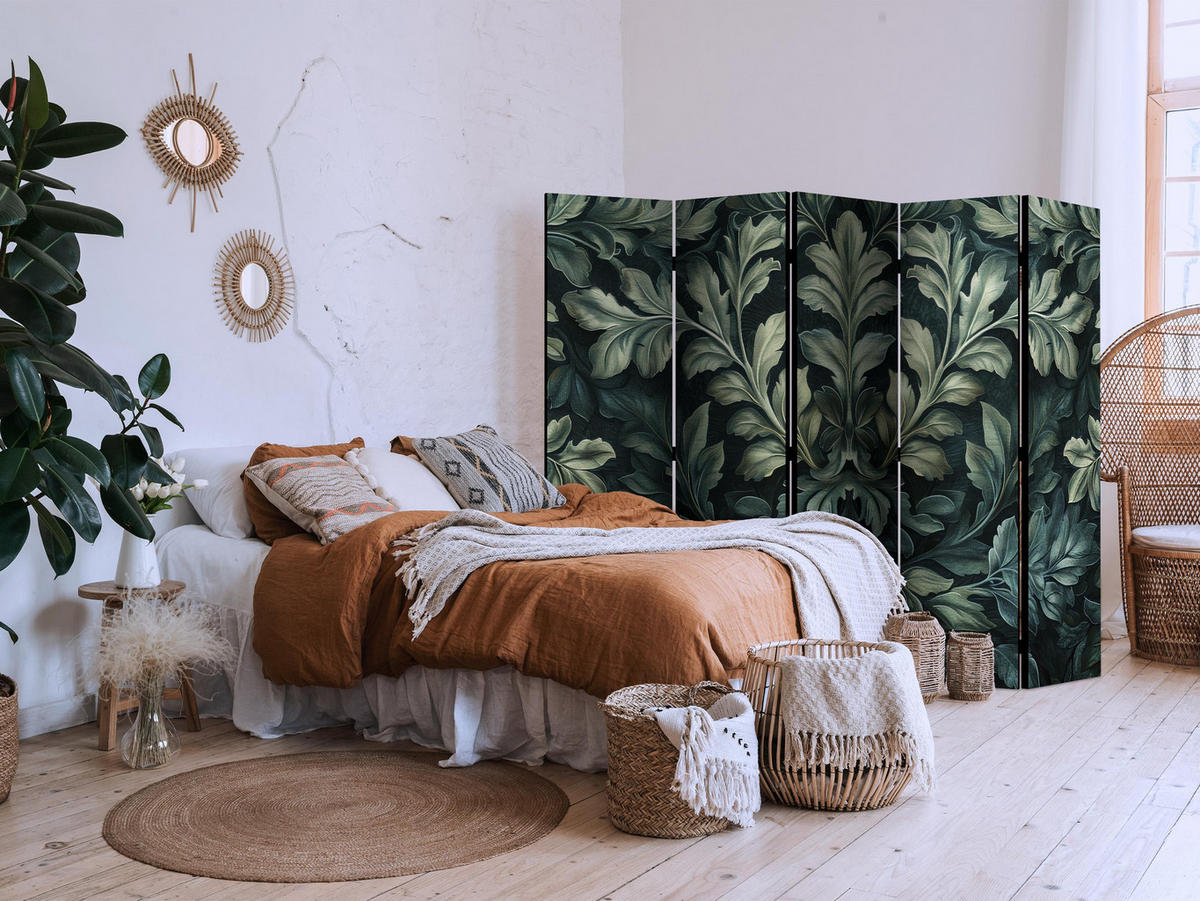 PARAVÁN Akustický 5-dielny 225x172 cm Zelené Listy - zelená, drevo/textil (225/172/3cm) - Muralo