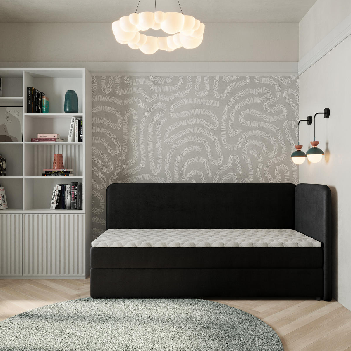 BOXBETT GINA 90x200 cm mit Matratze und Topper, H2+H3 - Schwarz - Schwarz, Holz (90/200cm) - MASSENO