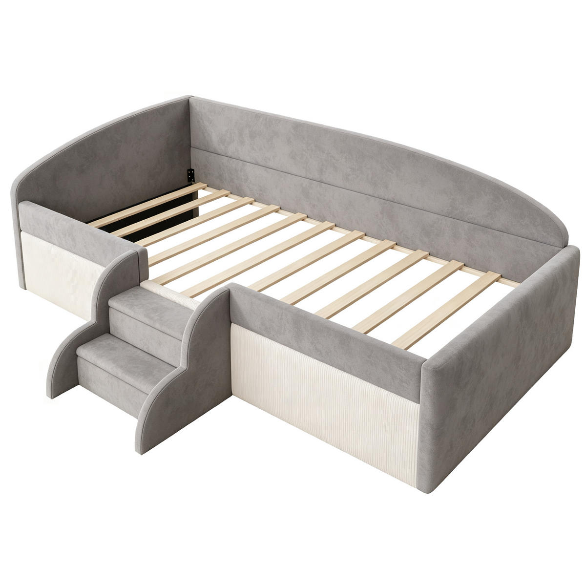 POLSTERBETT 90/190 cm in Grau mit Stufen, Schutzbügel und Lattenrost aus Samt im Farbblock-Design - Grau, Holzwerkstoff/Textil (90/190cm) - STILVORA