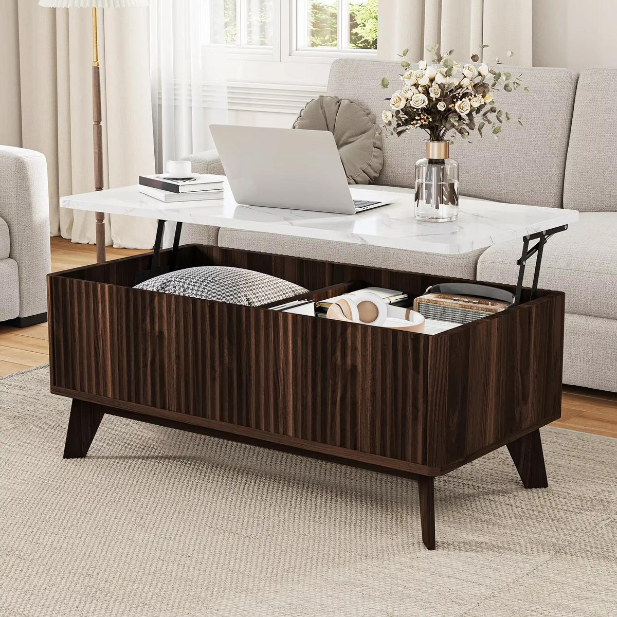 COUCHTISCH 105x42x53 Lift-Top Marmoroptik Walnuss Stauraum - Walnussfarben, Holz (105/53/42cm) - Kaket