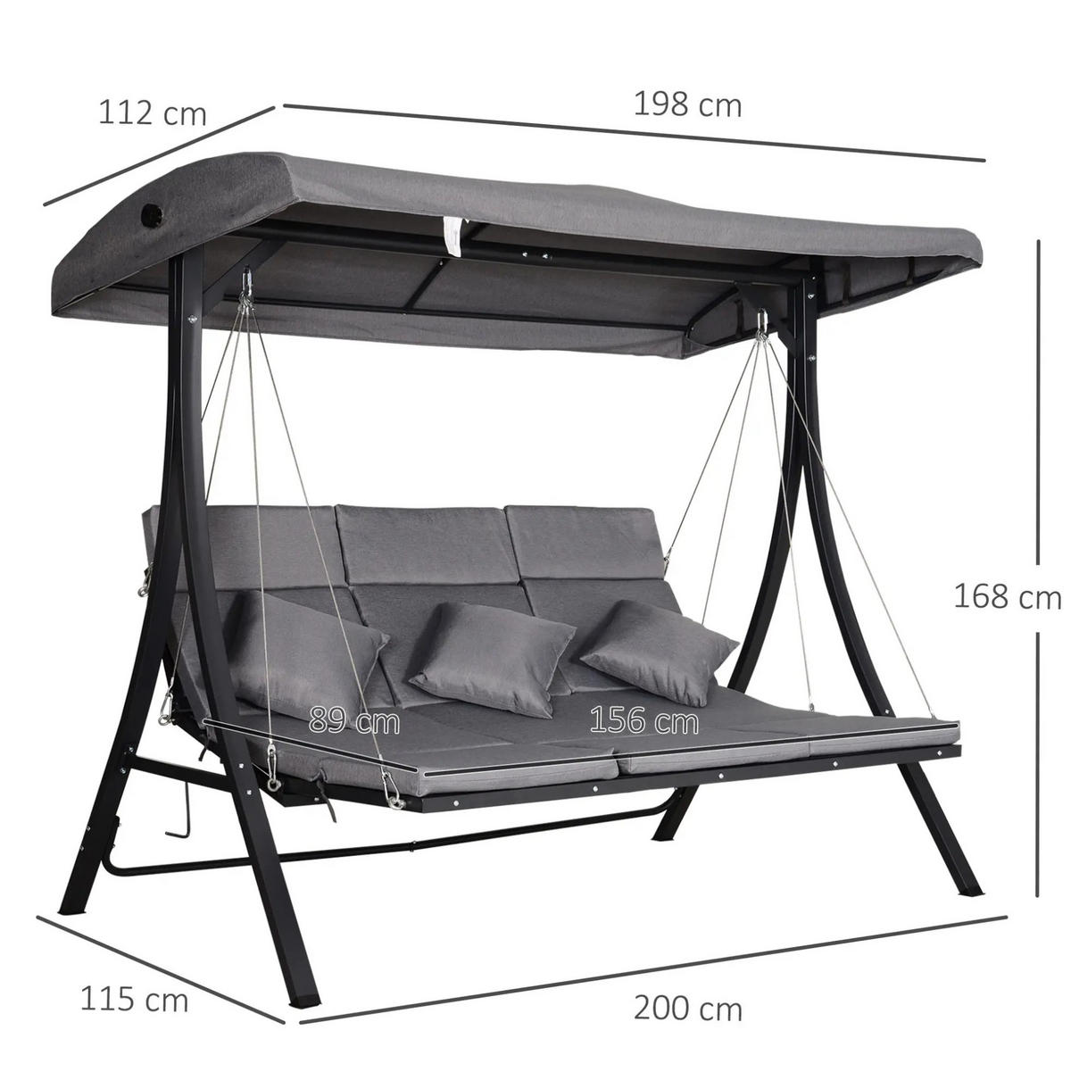 HOLLYWOODSCHAUKEL 3-Sitzer mit verstellbarem Sonnendach und Sitzkissen, stabiler Metallrahmen, Grau - Grau, Metall (115/168/200cm) - Redom