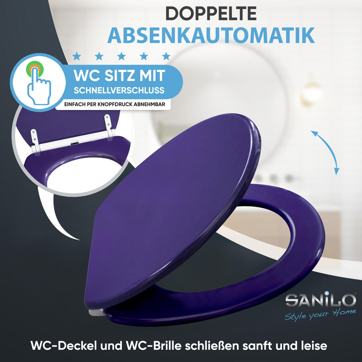 WC-SITZ mit Absenkautomatik & Top Fix Glitzer Lila - Violett, Holzwerkstoff (37.7/5.5/48cm) - Sanilo