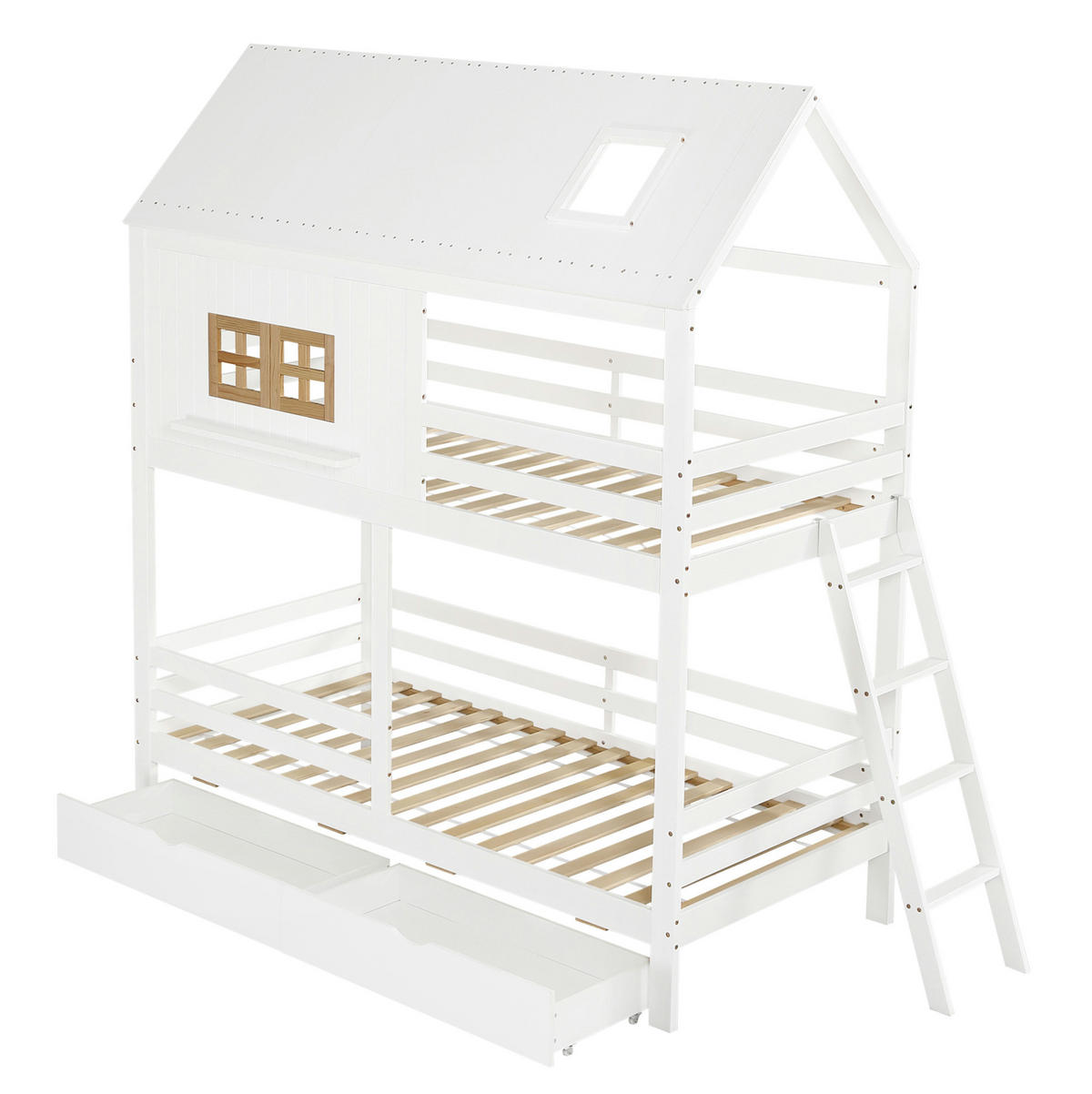 ETAGENBETT aus Kiefer und MDF 90x200 cm Weiß/Natur mit Dach, Fenstern, 2 Schubladen und Leiter - Weiß, Holzwerkstoff (90/200cm) - Modfu