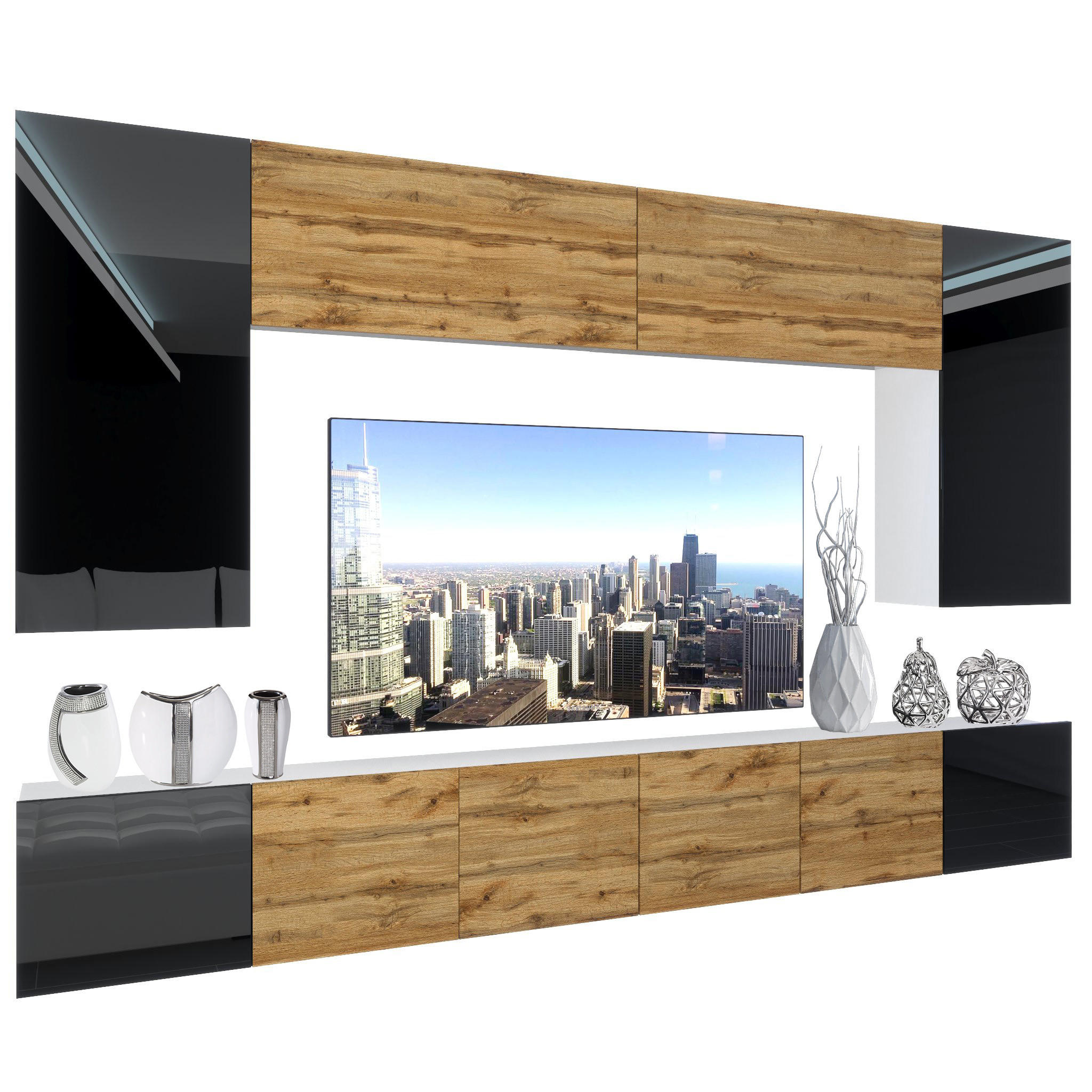 WOHNZIMMERWAND Schrankwand mit LED Schwarz / Wotan Eiche - Schwarz/Braun, Holz (300/180/36cm) - B BELINI GROUP