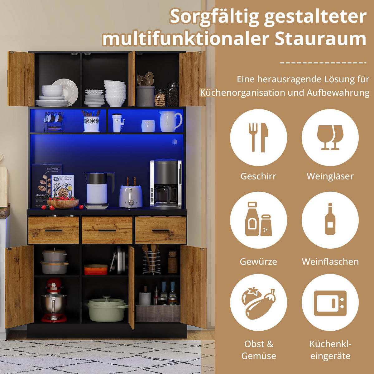 KÜCHENBUFFET in Schwarz und Naturfarbe Küchenschrank mit LED und Schubladen für Küchen und Esszimmer, B100/T40/H180 cm - Naturfarben, Holzwerkstoff (100/180/40cm) - STILVORA