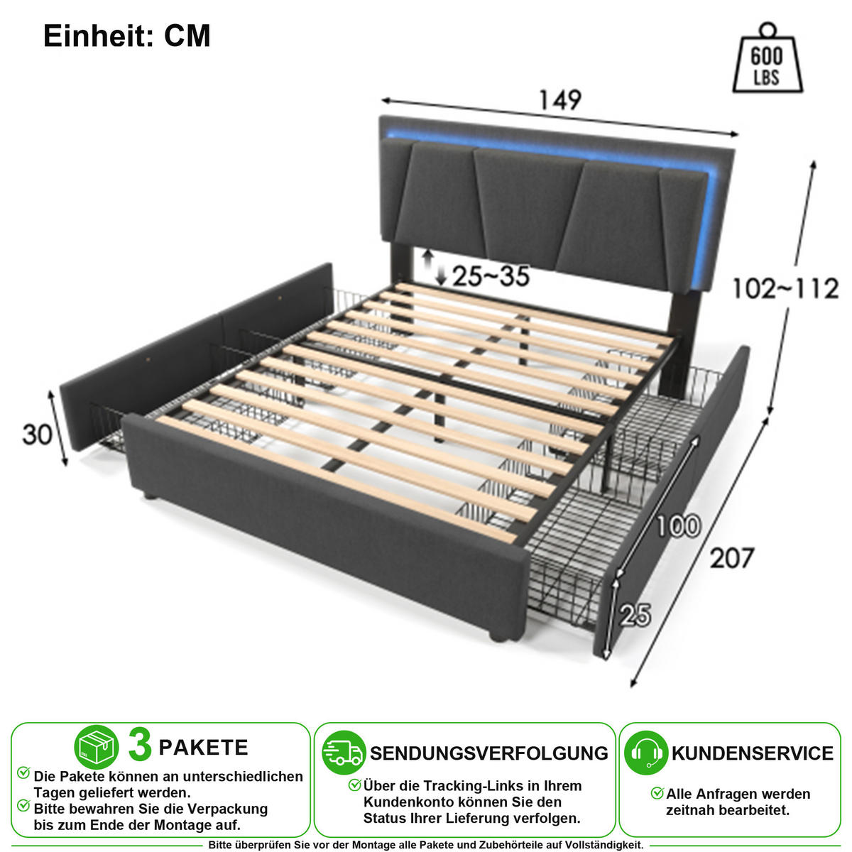 POLSTERBETT 140/200 cm in Grau mit 4 Schubladen, LED, Verstellbarem Kopfteil und Matratze - Grau, Holzwerkstoff/Textil (140/200cm) - CHICFURN