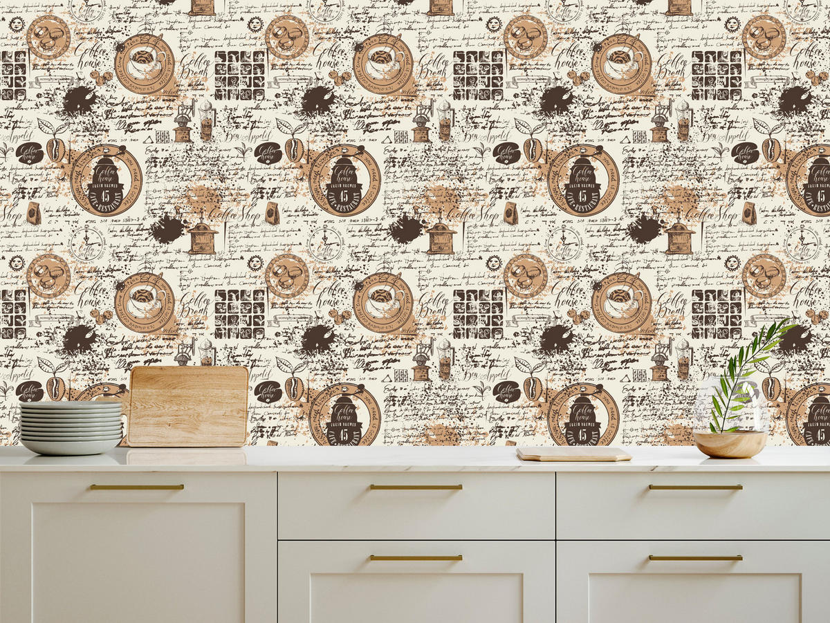 VLIESTAPETE Kaffee und Tassen im Retro-Stil – Braun, Beige – 50x1000 cm - Beige/Braun, Papier (50/1000cm) - Muralo