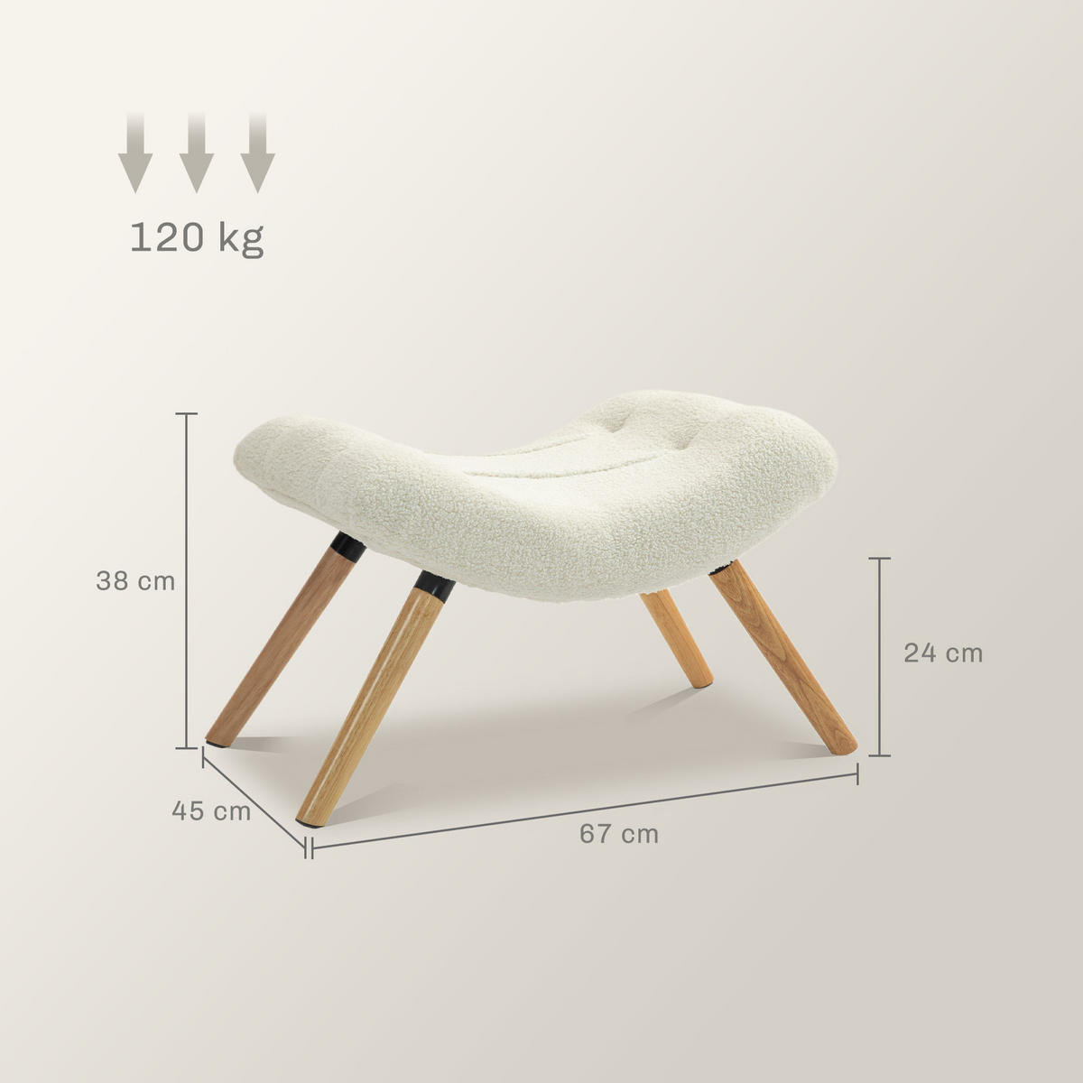 SITZHOCKER, Fußhocker, Polsterhocker, Fußstütze bis 120 kg belastbar Cremeweiß - Weiß, Kunststoff (45/38/67cm) - HOMCOM
