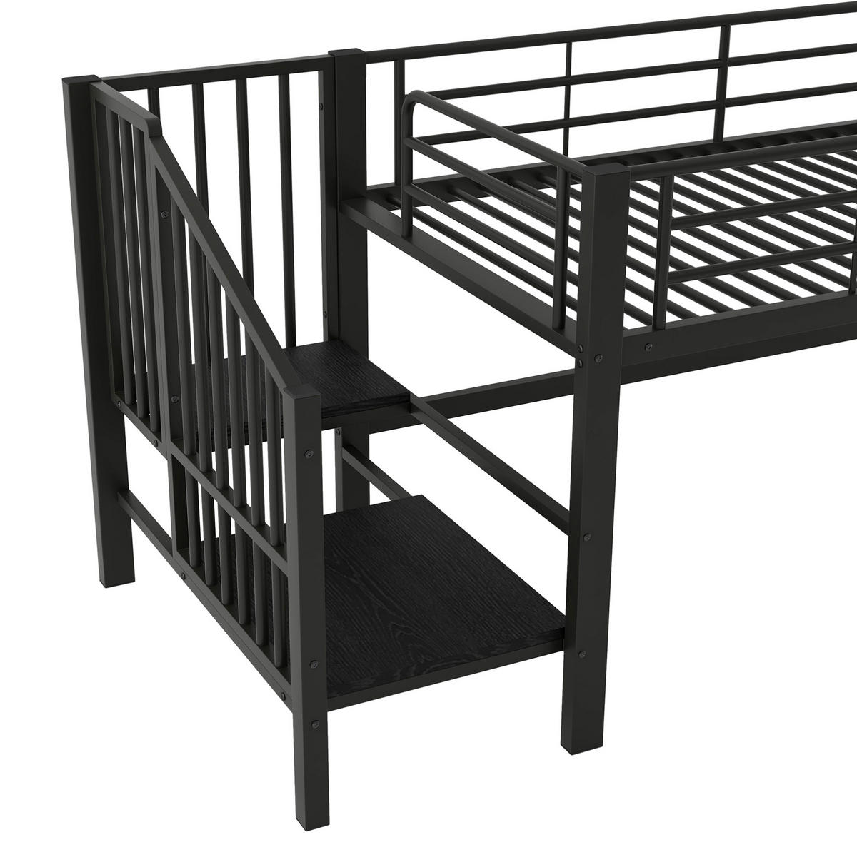 HALBHOHES HOCHBETT 90/200 cm, Schwarz, platzsparend mit Stauraumtreppe - Schwarz, Metall (90/200cm) - MIVRAY