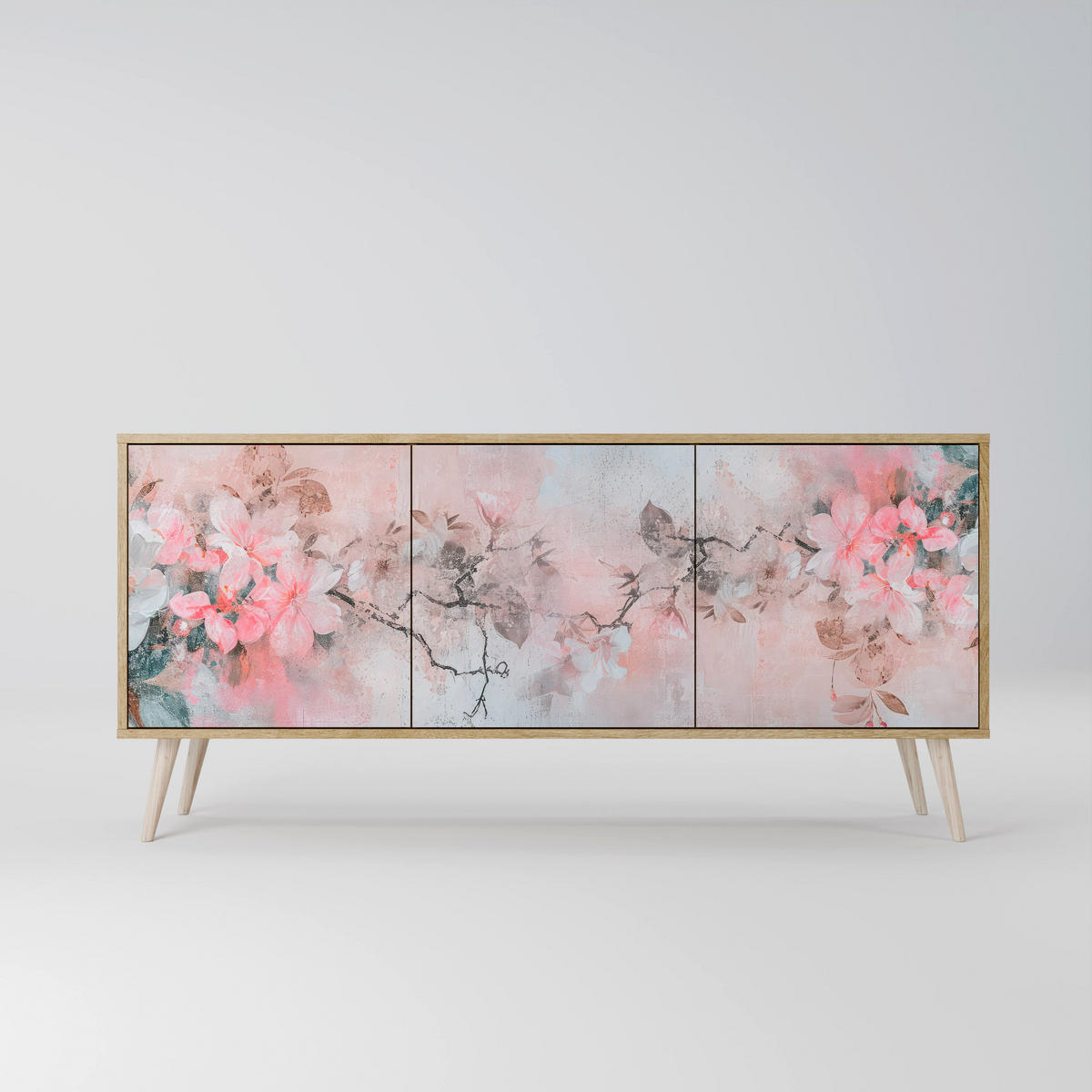 SIDEBOARD CHERRY BLOSSOM, Graue Oberfläche, 164,5x42x72,5 cm, 3 Türen - Schwarz/Grau, Holzwerkstoff/Metall (164.5/72.5/42cm) - SpaceRebels